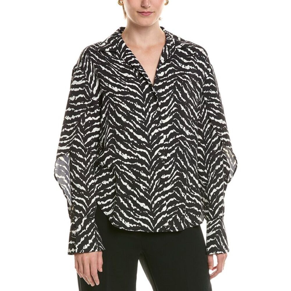 Halston Womens Printed Ruffle Sleeve V-Neck Blouse, Black